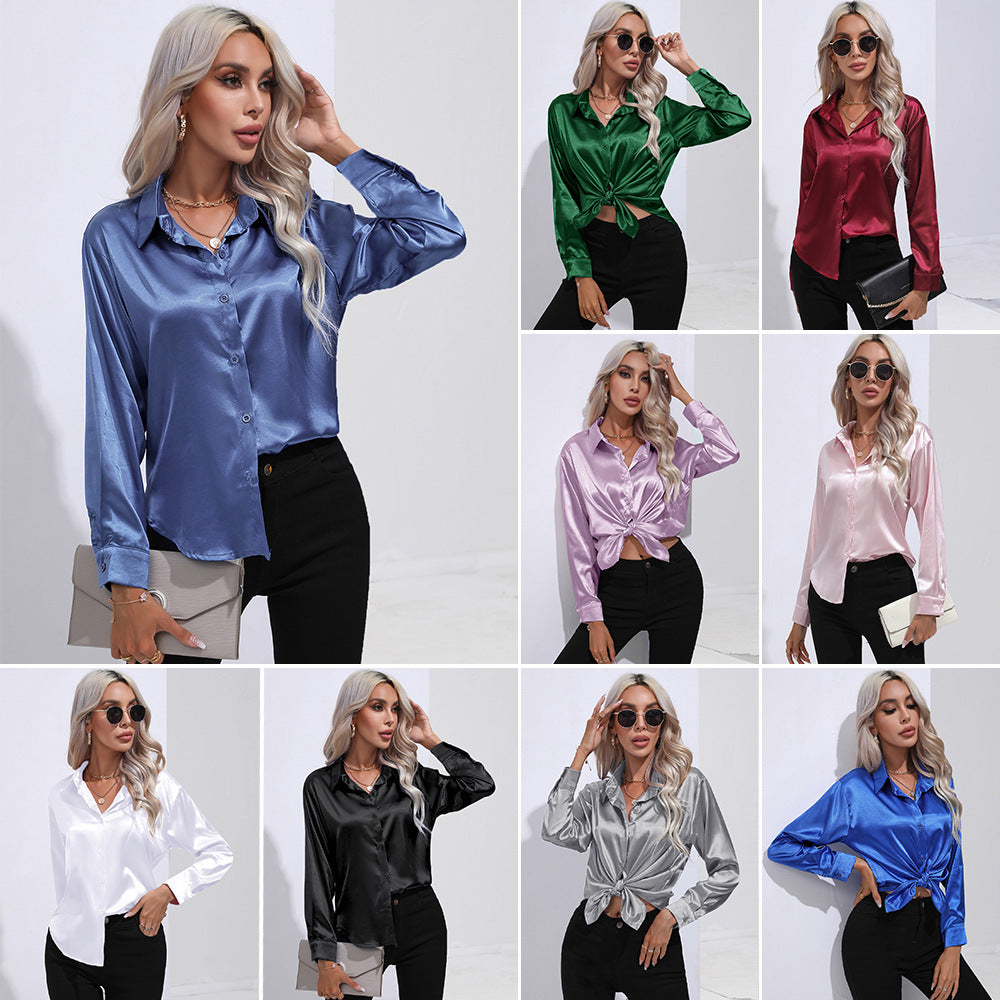 Hot-selling real shot: women's satin shirt - faux silk long sleeve blouse, new spring/summer collection, european & american cross-border women's fashion