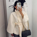 Sense of design stand collar waist slimming looktie backpure color woolenoutwear women 2025 cross-border fashion style new arrival