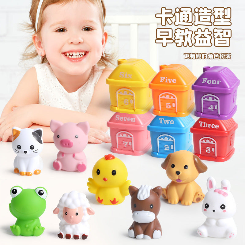 children's soft rubber animal matching number house mini pig duck frog finger puppet matching interactive toy