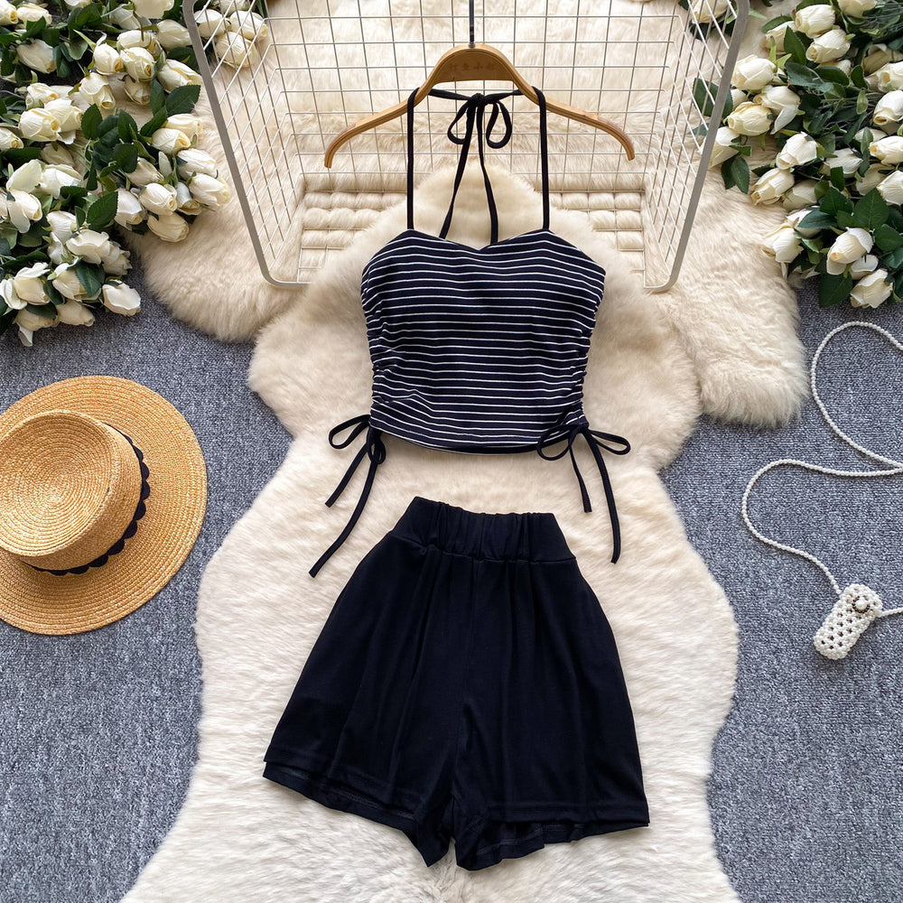Halter stripes camisole high waistslimming look shortstwo-piece set women's summer silm tube top culottessuit