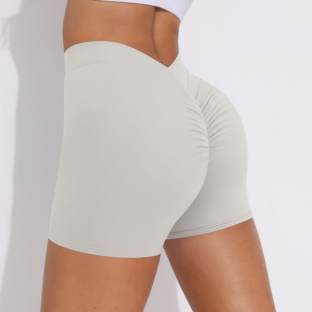 brushed v-waist pleated pure color peach butt yoga shorts sports running fitness tight three-quarter pants for women
