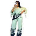 European and american cross-border women's spring  new collection: casual v-neck drawstring printed top and high-waisted wide-leg pants set