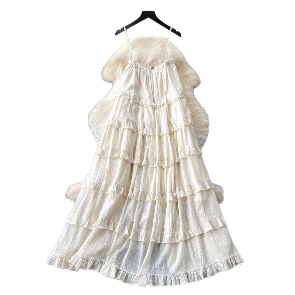 French riviera style sleeveless dress - women's summer korean ruffle trim ladylike cake dress - slimming elegant maxi dress