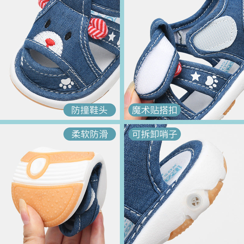 Baby cloth sandals for boys, summer, ages 0-1-2-3 years, infant anti-slip soft sole squeaky shoes, girls' first walker shoes, baby shoes