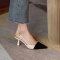 2024 summer new arrival baotou sandals french color block tweed style pointed toe high heels one strap sandals thin heel
