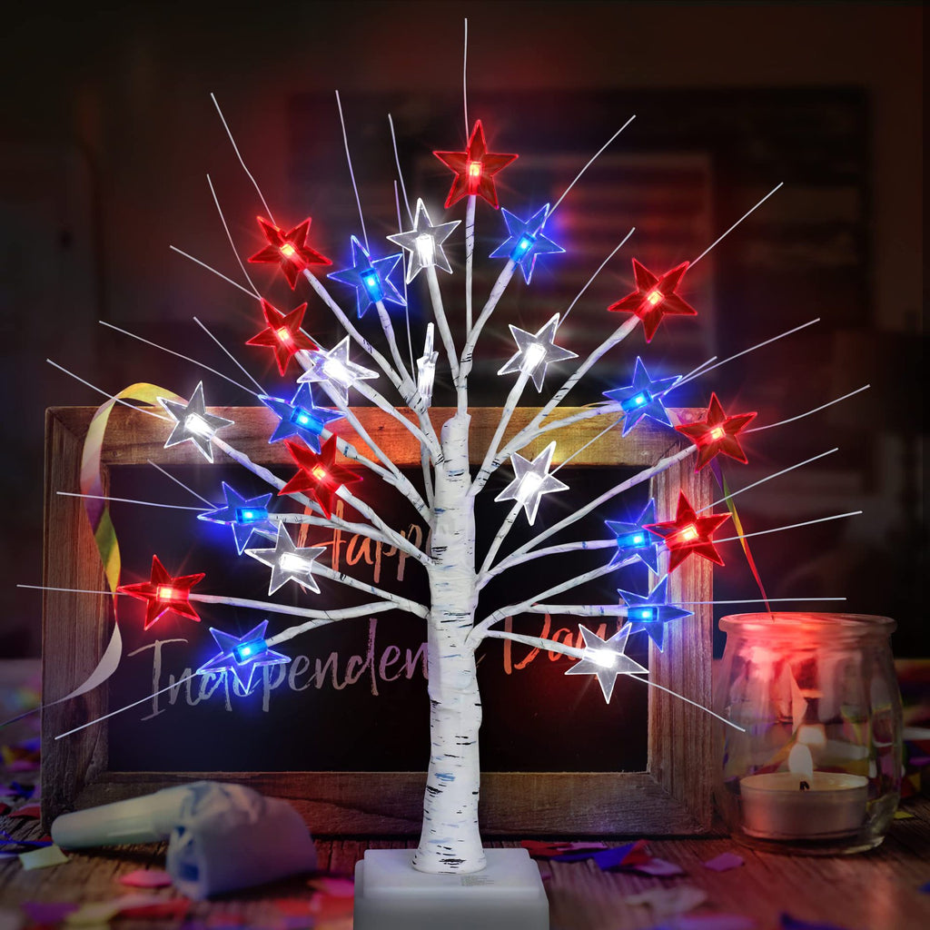 Independence Day Tree Light 24led Battery Box Birch Decorative Light Red White Blue Flag Star Light Branch Light