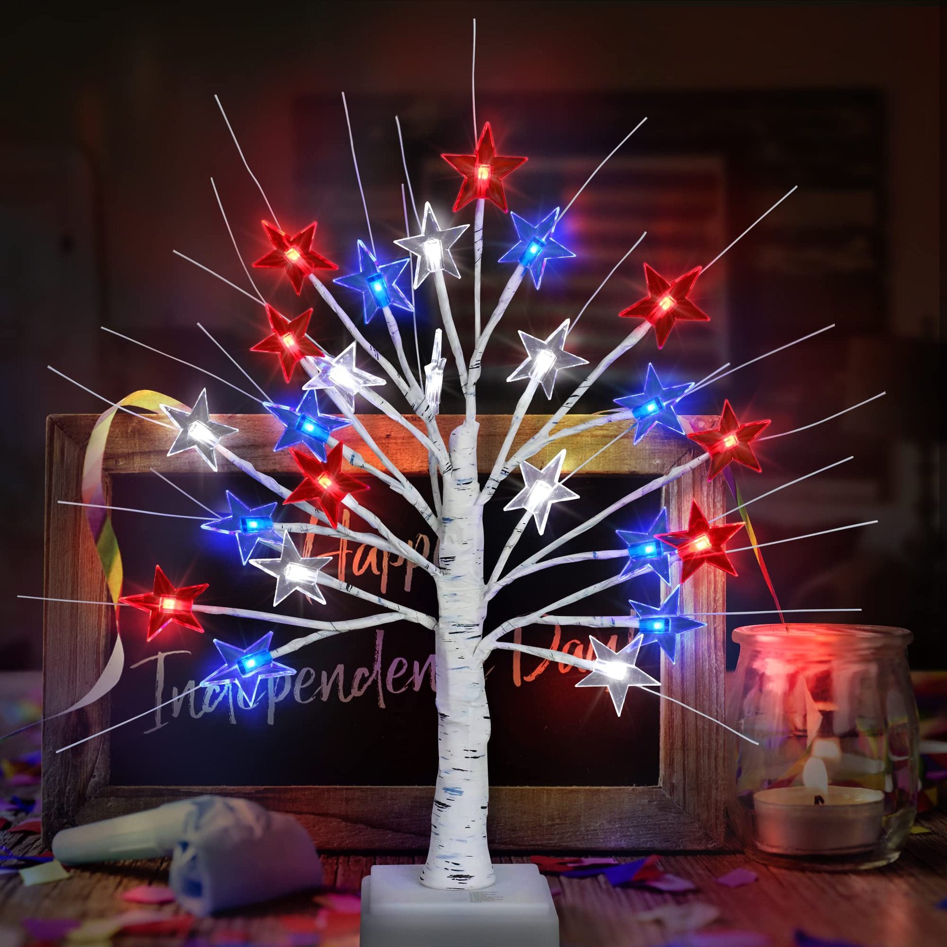 Independence Day Tree Light 24led Battery Box Birch Decorative Light Red White Blue Flag Star Light Branch Light