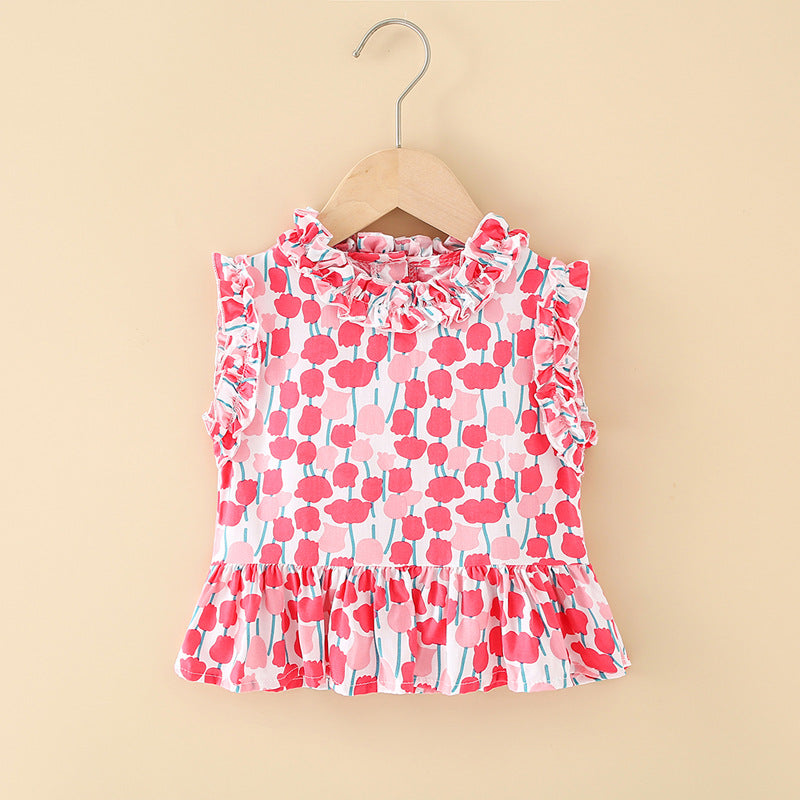 Girls' cotton rayon top - cartoon print, loose-fit, breathable, cute summer lightweight pajama set with lace trim