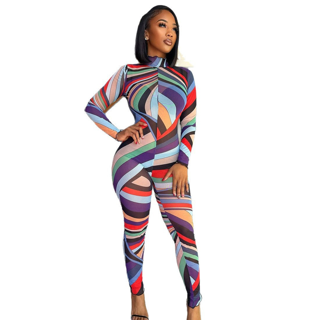 Europe and the United States 2024 winter new women's clothing fashion color geometric pattern semi-turtleneck long-sleeved mesh slim-fit jumpsuit
