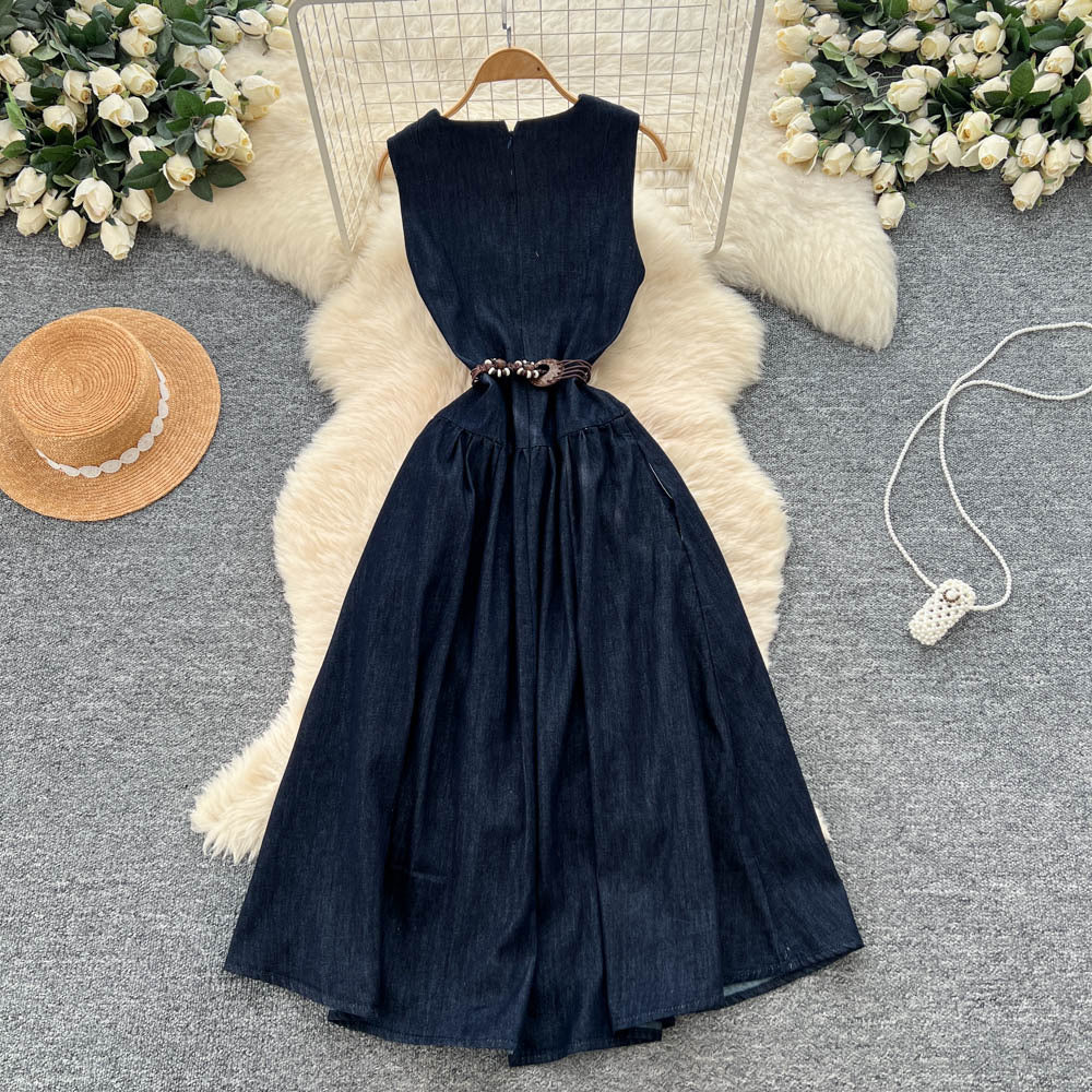 Korean style sleeveless v-neck dress for women,  summer high-end tie-waist slimming a-line denim dress