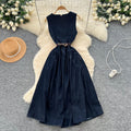 Korean style sleeveless v-neck dress for women,  summer high-end tie-waist slimming a-line denim dress