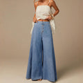 European and american style women's light blue washed single-breasted high-waisted wide-leg jeans - vintage drape, floor-length denim pants