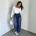 European and american style women's washed high-waisted wide-leg jeans - casual, loose-fit, cropped straight-leg denim pants