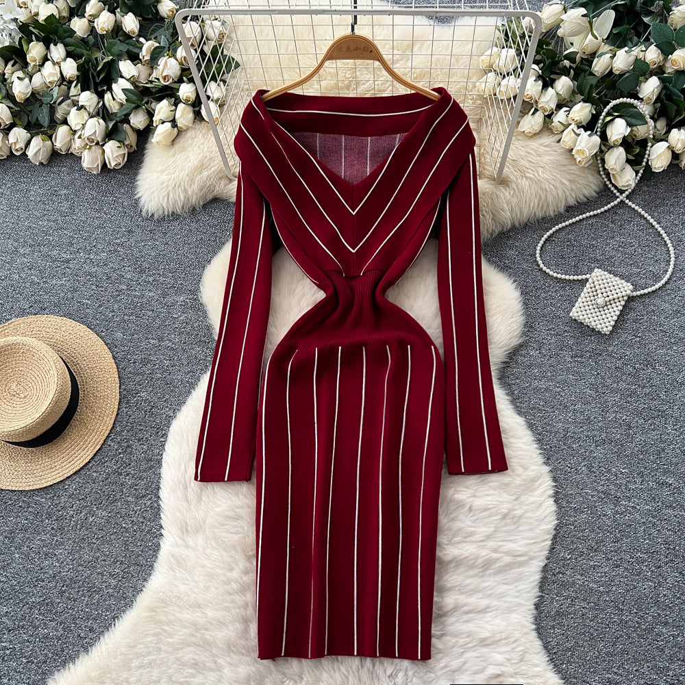 Xiaoxiangfengclassy contrast colorbows strappy long sleevesdress women's metal buckle waist slimming lookknitting short skirt