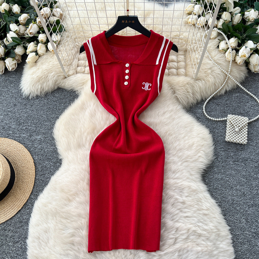 Frenchretro socialite tweed stylefashioncontrast colorembroiderpolo collar sleeveless waist slimming lookknittingdress women