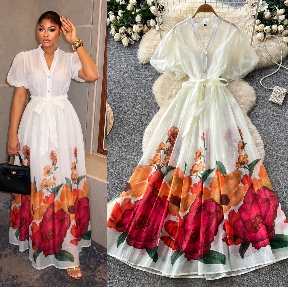 French riviera style v-neck puff sleeve floral print dress - women's summer midi dress with cinched waist and flared skirt