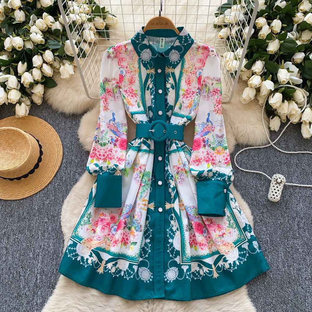 Spring new arrivaldress women's frenchretro lapel long sleeves single breasted waist slimming look printing a-line shirt skirt