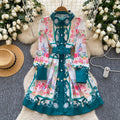 Spring new arrivaldress women's frenchretro lapel long sleeves single breasted waist slimming look printing a-line shirt skirt