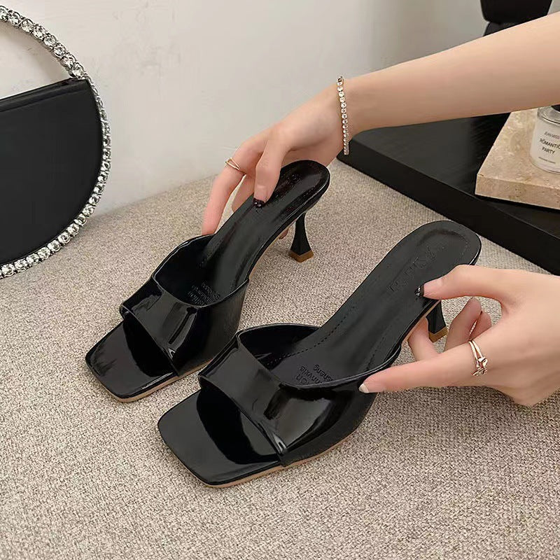 French high-heeled sandals - patent leather, 2024 new collection, versatile stiletto heel, square toe, open toe, sexy outdoor slippers for women