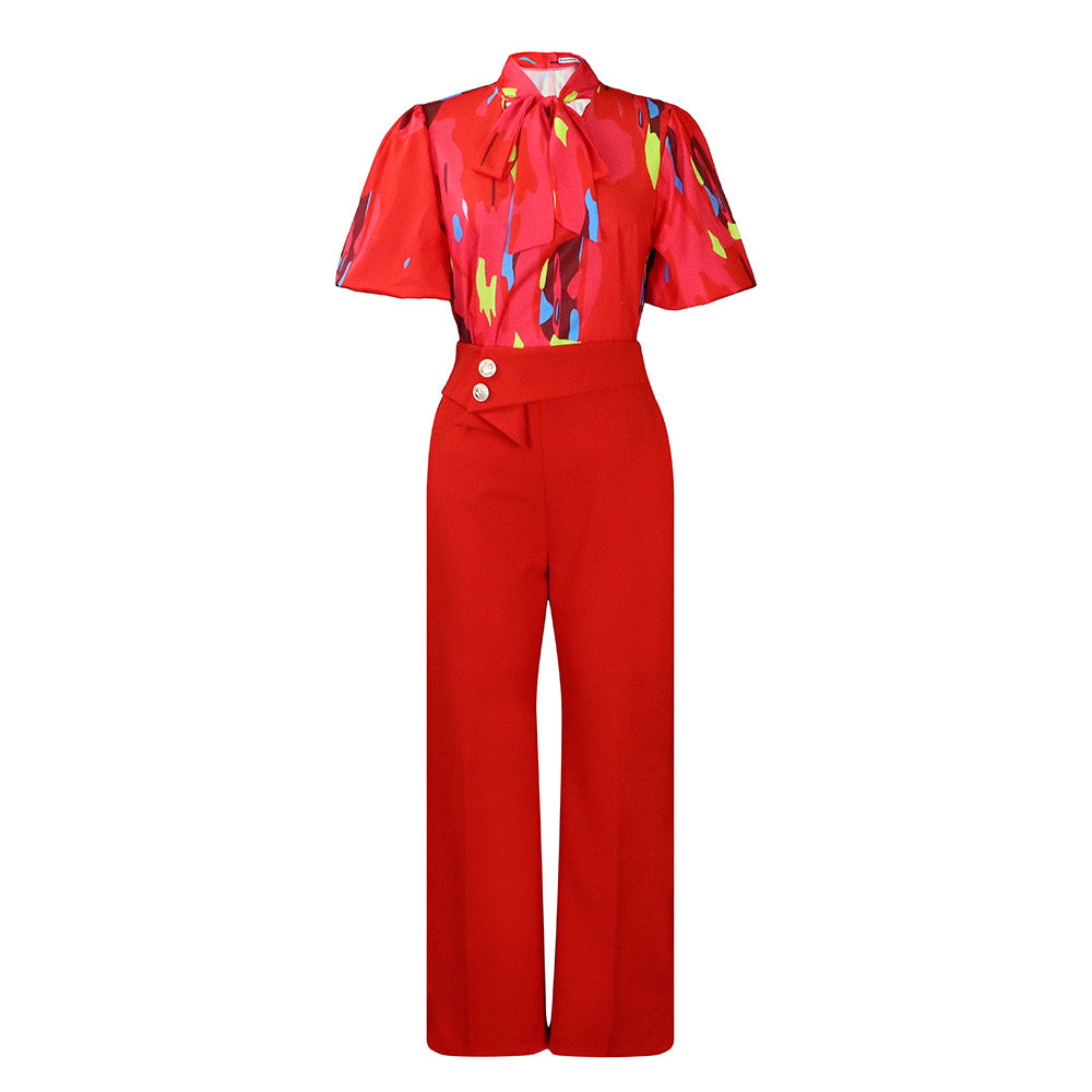 D341 european and american new summer print stand collar long sleeve shirt top wide leg pants fashion set cross-border two-piece outfit