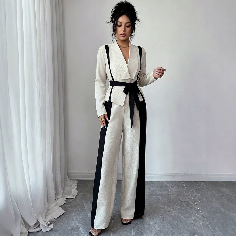 minimalist color block two-piece set: v-neck, tie-waist jacket with black and white wide-leg pants
