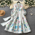 Vintage court style v-neck lantern sleeve printed dress - women's summer tie-waist slimming maxi dress with elegant flare