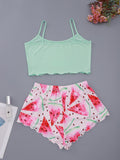 European and american style new women's loungewear set: camisole top and shorts pajamas with watermelon print - cute and trendy