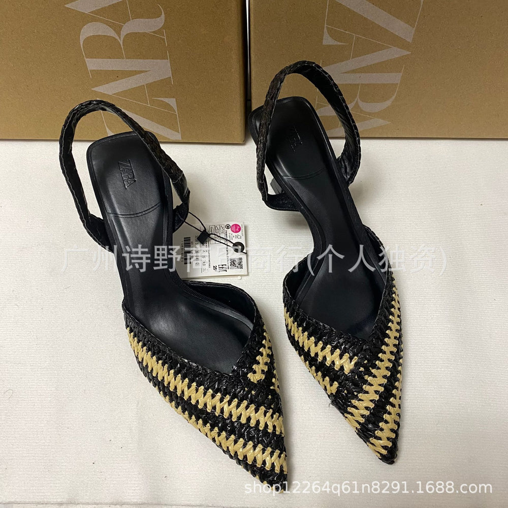 Za2023autumnew arrival high heels fashion pointed toe color matching patchwork woven material high heel sandals women's shoes stylish