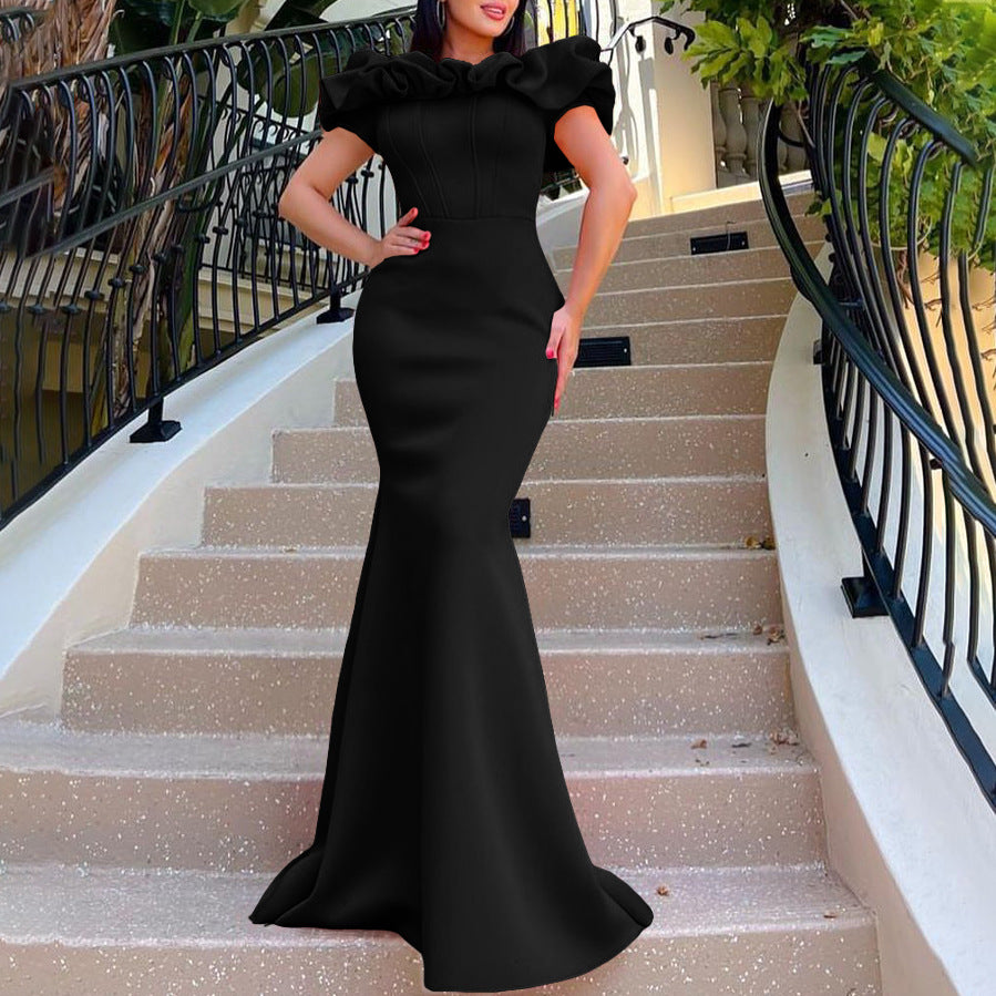 C8519 cross-border  fashion women's summer solid color off-the-shoulder mermaid maxi dress - export evening gown
