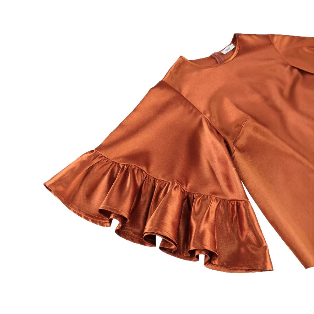 satin bell sleeves casualtwo-piece set elegantwork clothingpure color waist topsloose pantssuitpants