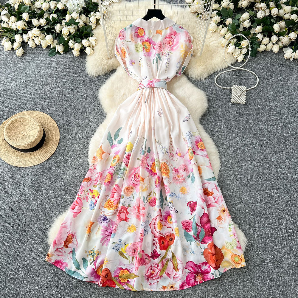 2025 spring new arrival: royal court style retro stand collar dress - european & american socialite design, cinched waist, single-breasted button, printed maxi dress