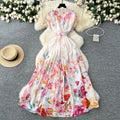 2025 spring new arrival: royal court style retro stand collar dress - european & american socialite design, cinched waist, single-breasted button, printed maxi dress