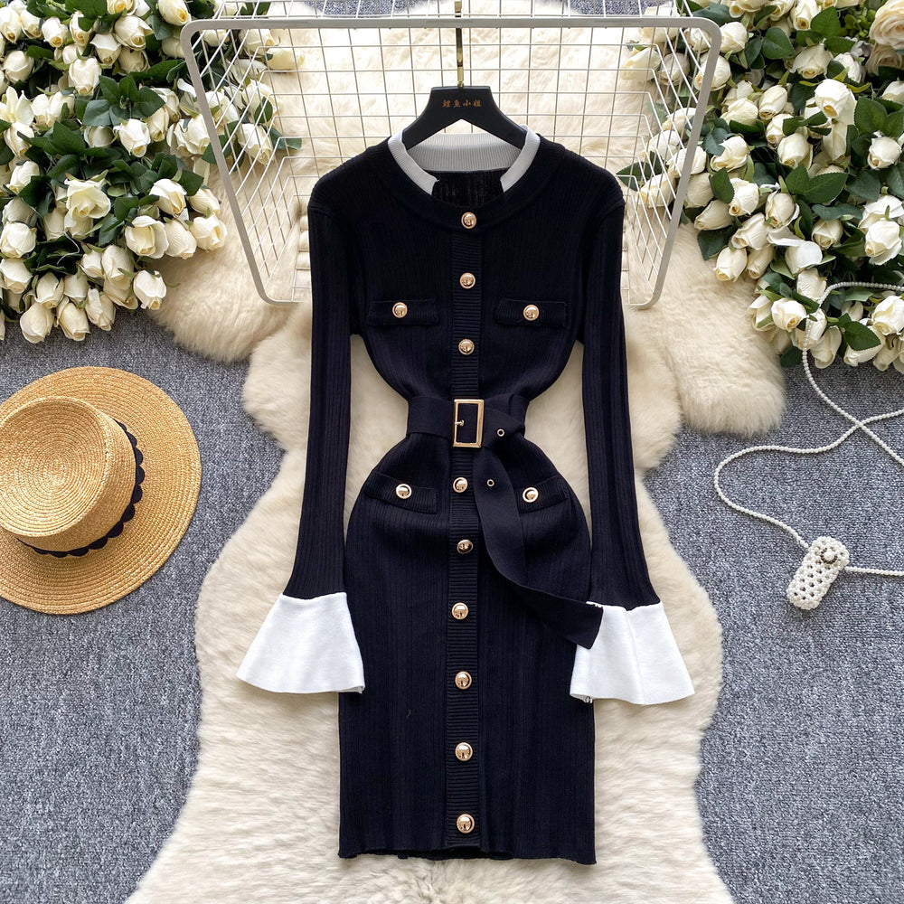 French chic, high-end, color block knit dress with metal buckle tie waist – perfect for autumn and winter