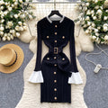 French chic, high-end, color block knit dress with metal buckle tie waist – perfect for autumn and winter
