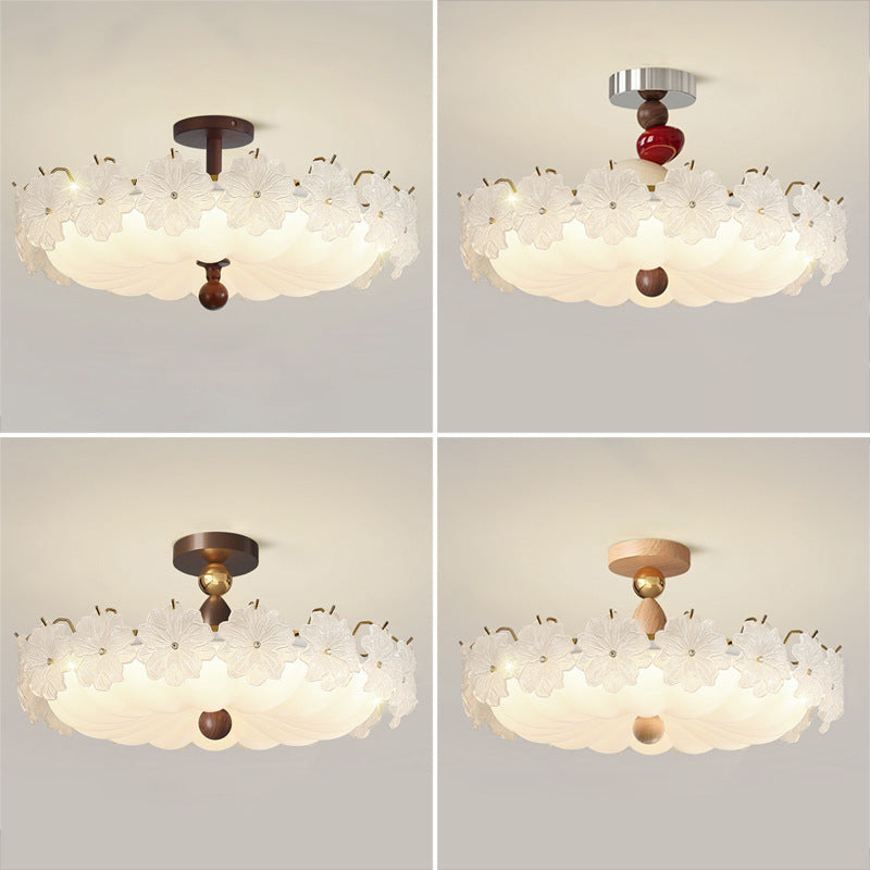 French retro embossed glass flower round ceiling light - walnut wood, soft light, cream style - perfect for kids' rooms and bedrooms