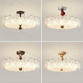 French retro embossed glass flower round ceiling light - walnut wood, soft light, cream style - perfect for kids' rooms and bedrooms