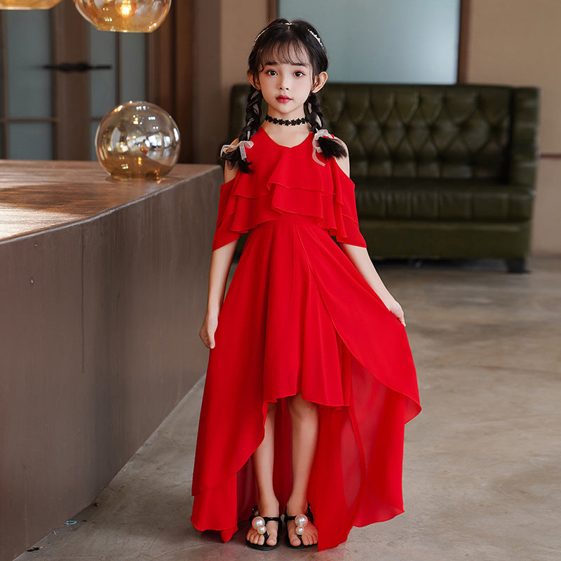 Girls' summer dress  new style: kids' off-shoulder chic chiffon dress, cool summer princess dress for mid-to-large children