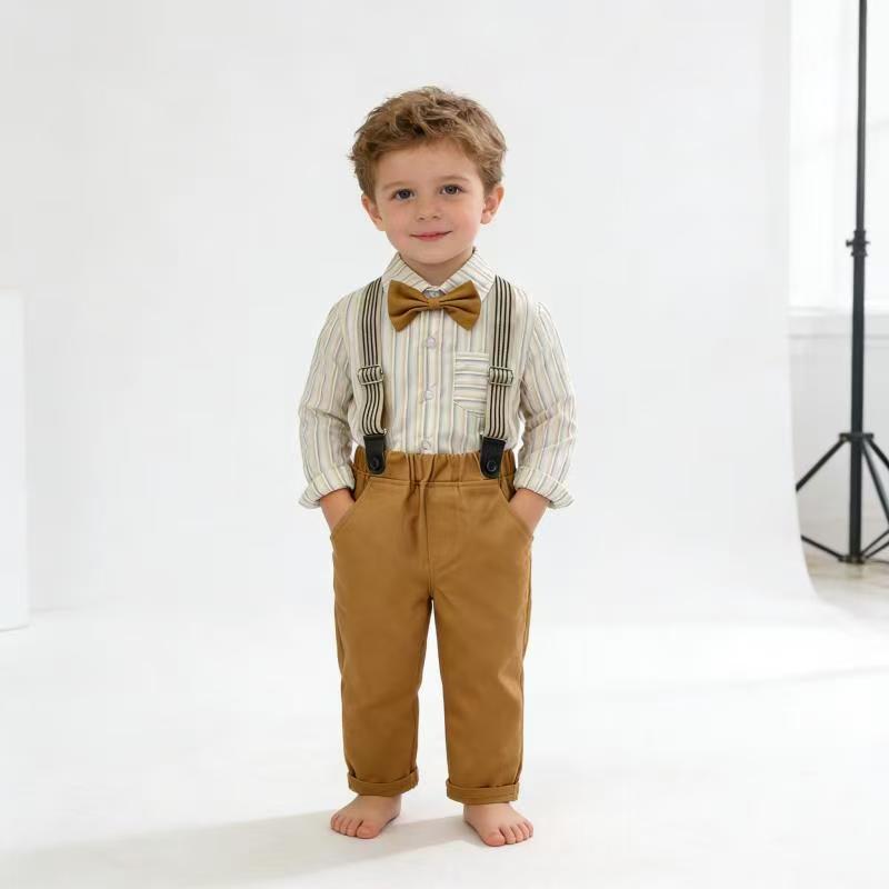 Children's spring new korean style long-sleeved striped shirt overalls bow birthday first birthday dress kids shirt