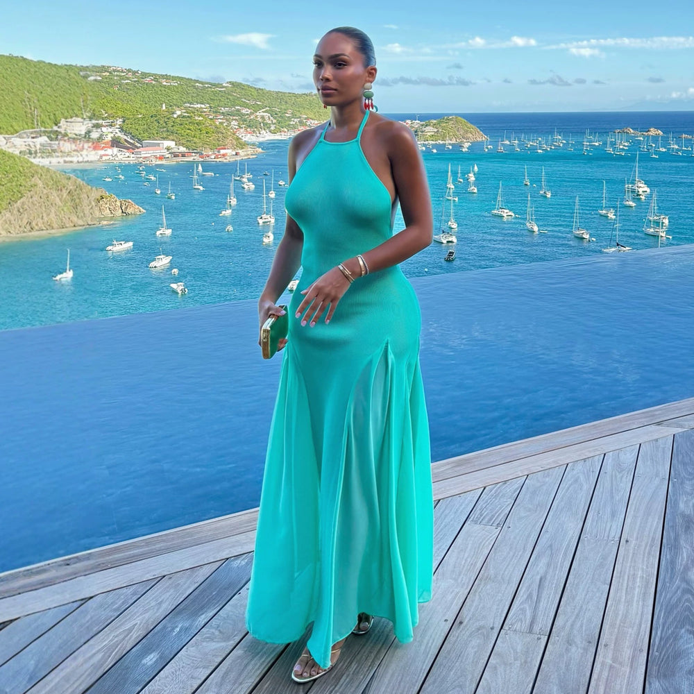 European and american cross-border women's fashion:  summer new arrival - elegant halter neck sleeveless slim-fit spliced cami dress