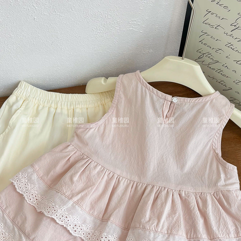 Girls' summer new style outfit: chic sleeveless babydoll top and trendy wide-leg casual pants two-piece set