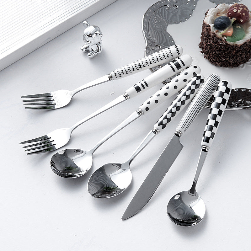 Minimalist ceramic handle cutlery set - polka dot design stainless steel tableware - creative, high-value steak knife and fork wholesale
