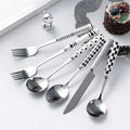 Vintage-inspired ceramic handle stainless steel cutlery set - includes knife, fork, spoon, dessert spoon, steak knife, and fork. custom logo options available