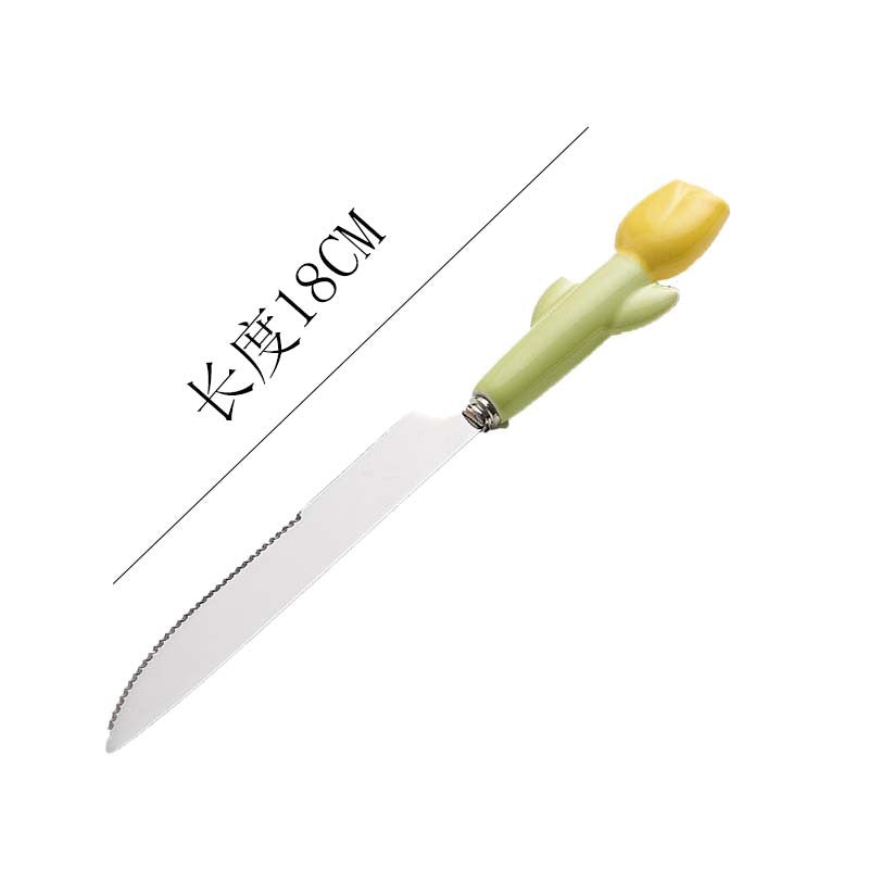 Simple 304 stainless steel kids knife, fork and spoon combination, high-looking spoon, tulip ceramic handle, steak knife