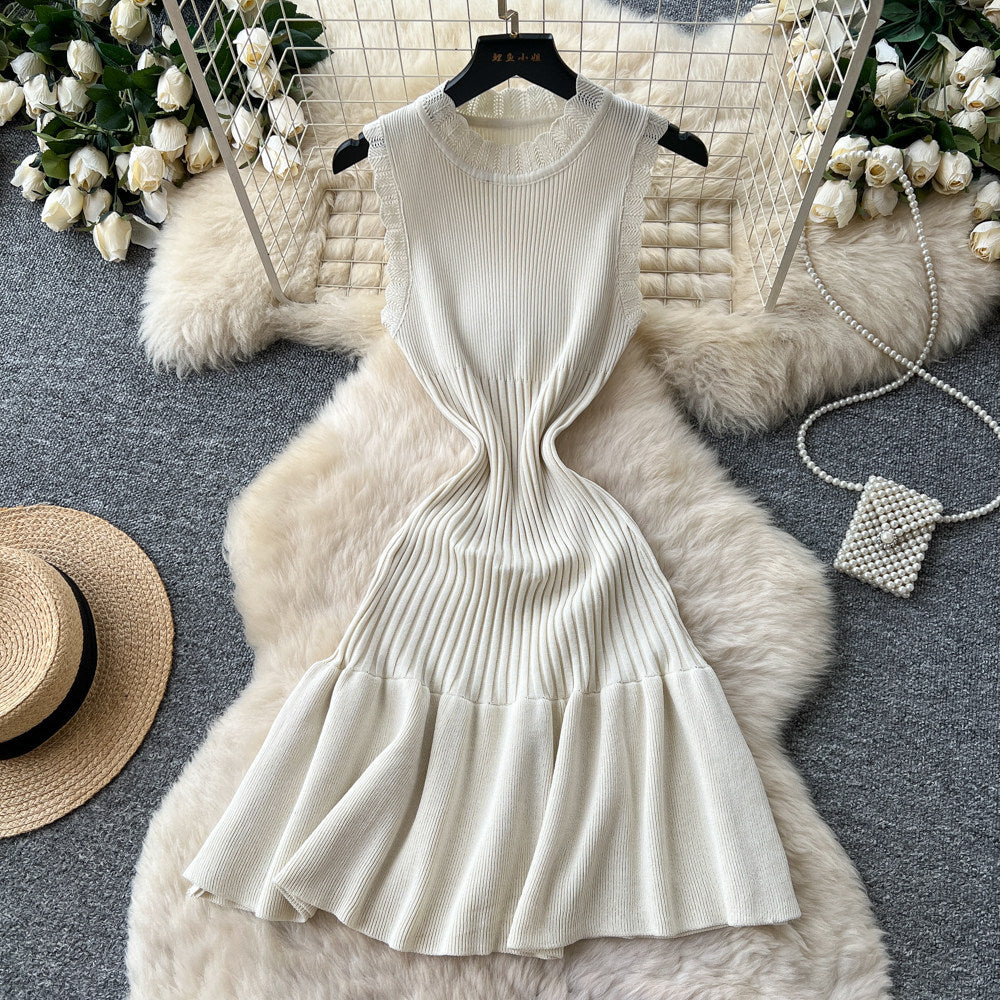 K-stylework clothing sleeveless pleatedknittingdress women's summercut out waist a-line skirt pinkelegant skirt summer