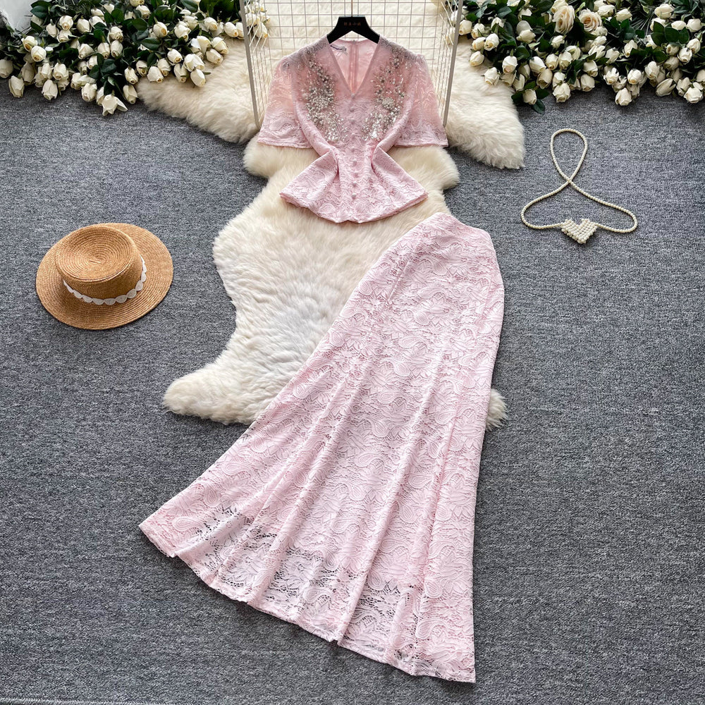 French style beaded v-neck lace two-piece set - women's summer high-end slim-fit elegant outfit