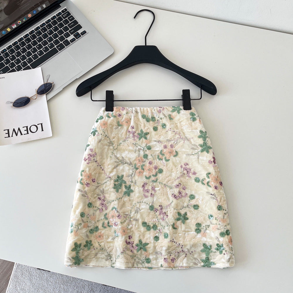 Fashionable age-reducing heavy sequin flower skirt for women high waistslimming look a-line short skirt work clothingaccessible luxuryclassy sense