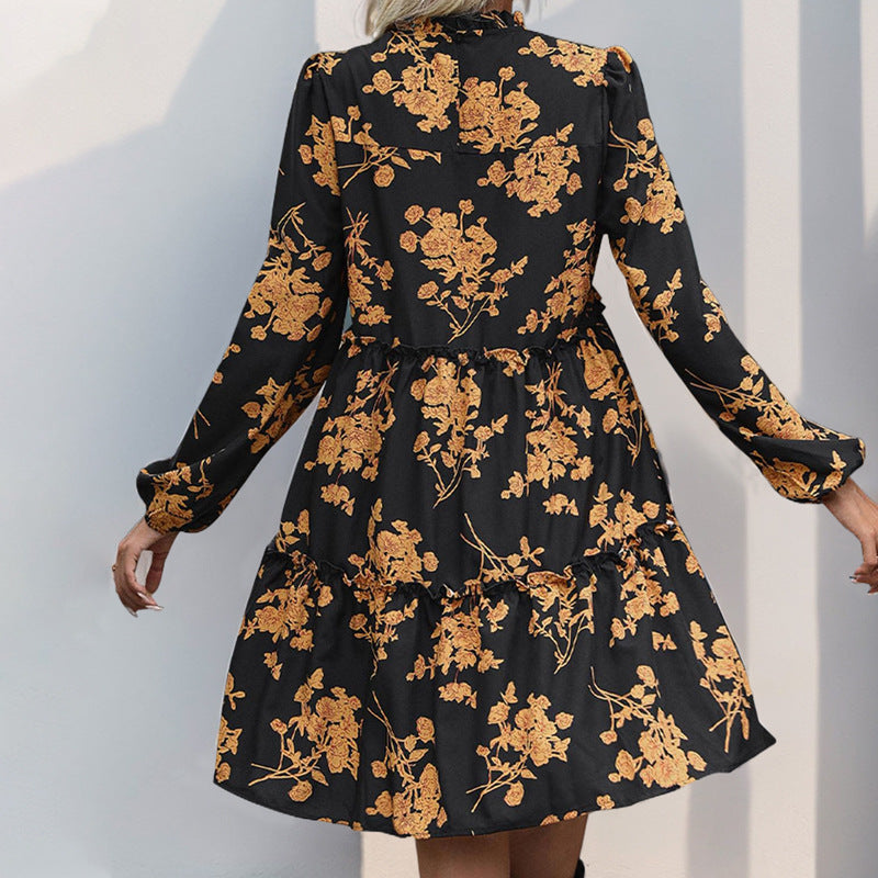 European  2025 new autumn  sweet retro style printing bubble sleeve short semi-turtleneck dress