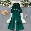 Accessible luxuryfashionclassy sense leopard print jumpsuit women's autumn puff sleeves cross collar wide leg drapedilm slimming look royal sister pants