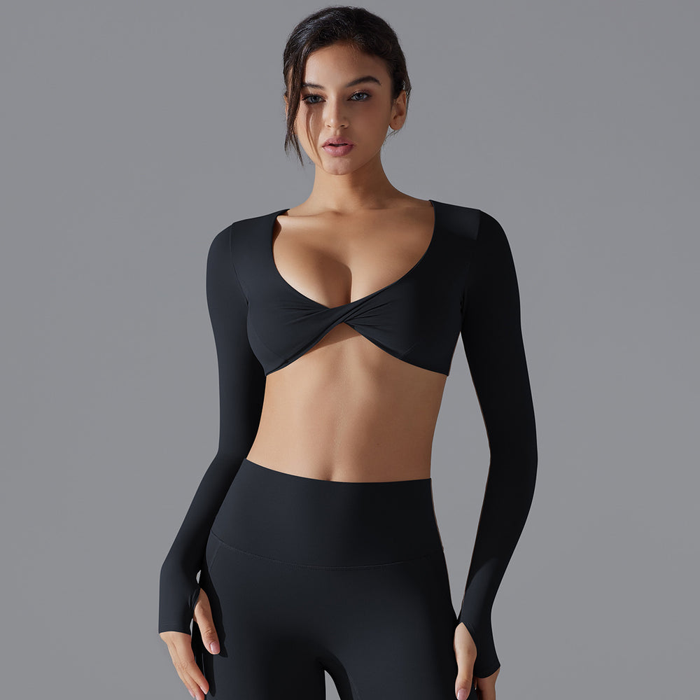 New women's activewear long sleeve top: deep v-neck, slim fit, breathable, trendy cropped yoga top for outdoor workouts
