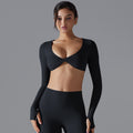 New women's activewear long sleeve top: deep v-neck, slim fit, breathable, trendy cropped yoga top for outdoor workouts
